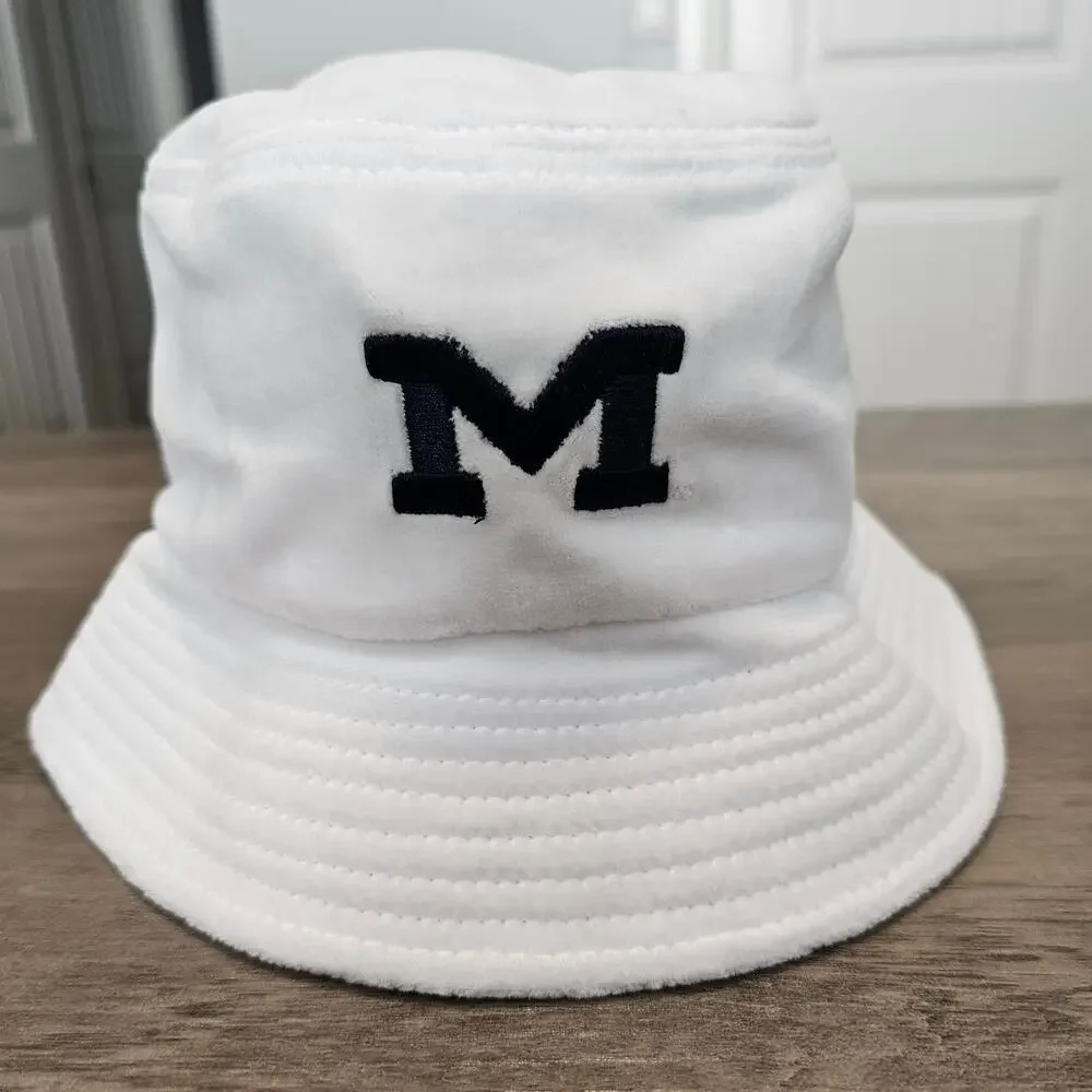 Vintage Michigan Wolverines Bucket Hat 90s White Black Go Blue Soft Fleece UM